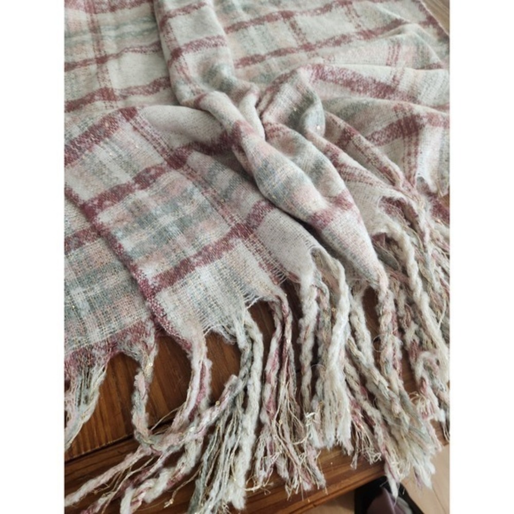 Sferra Pastel Pink Green Cream Plaid‎ Gold Sequins Scarf Shawl Wrap Bohohemian